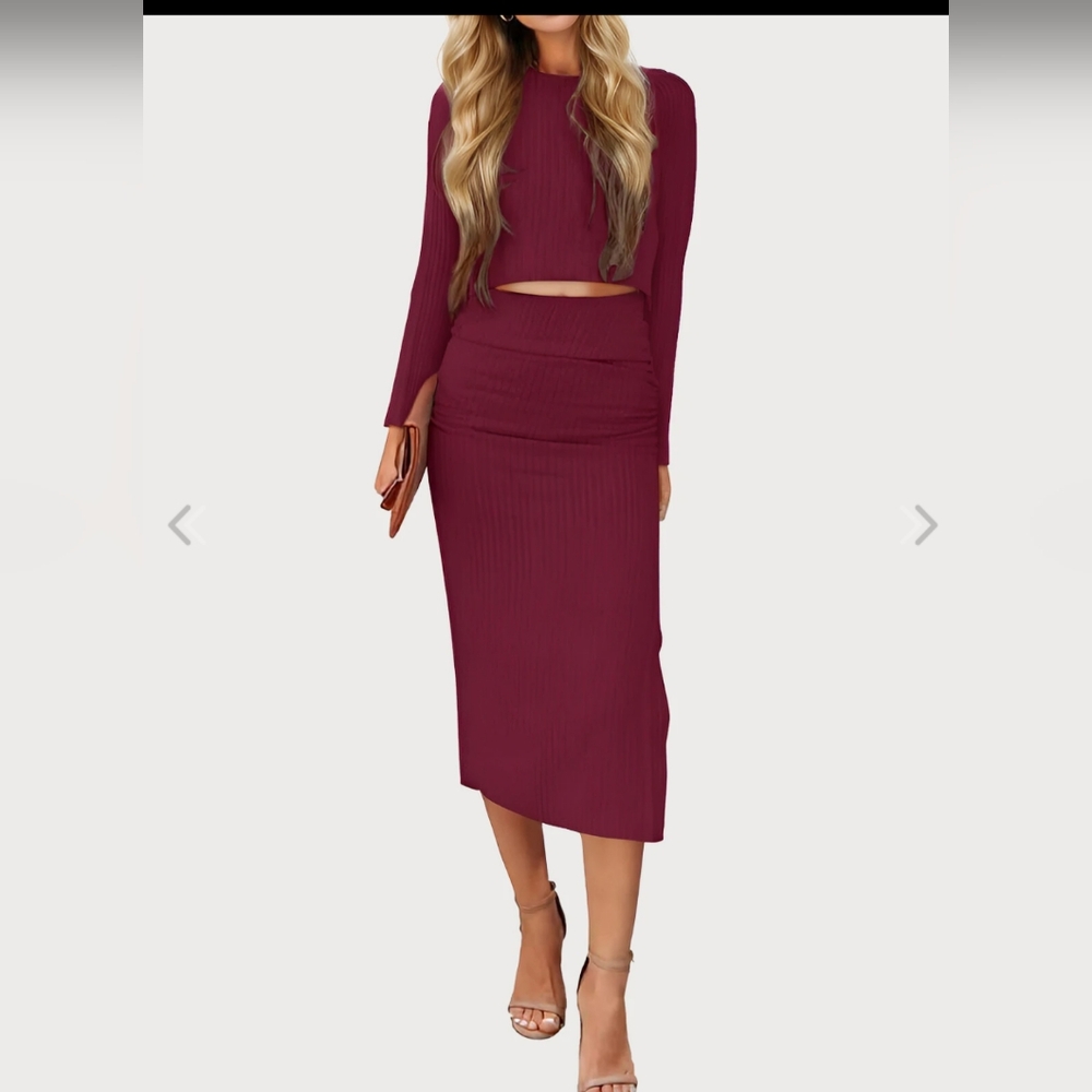 Chic Burgundy Two-Piece Pencil Skirt + Top Set Size Large